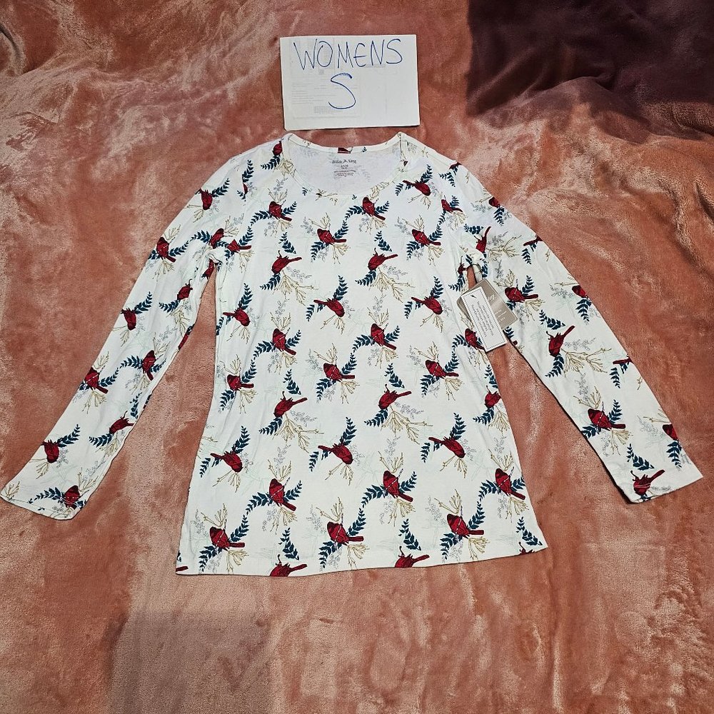 Womens S White Stag Cardinal Floral Metallic Print Long Sleeve Graphic Tee NWT